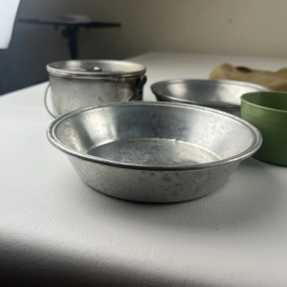 Vintage Boy Scouts Of America Aluminum Mess Kit Pot Pans Cup Mirror Set Camping
